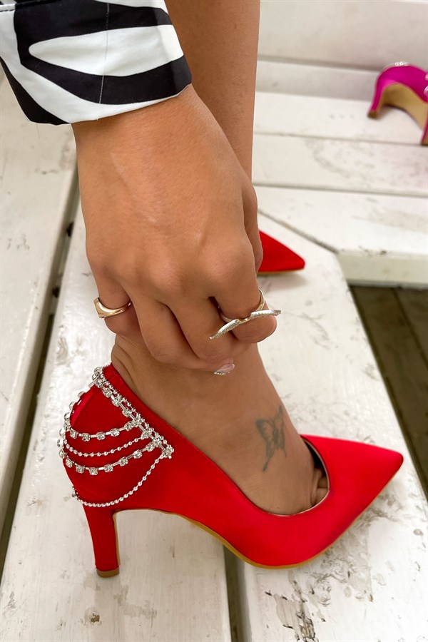 Henna Red Satin Stilettos With Stony