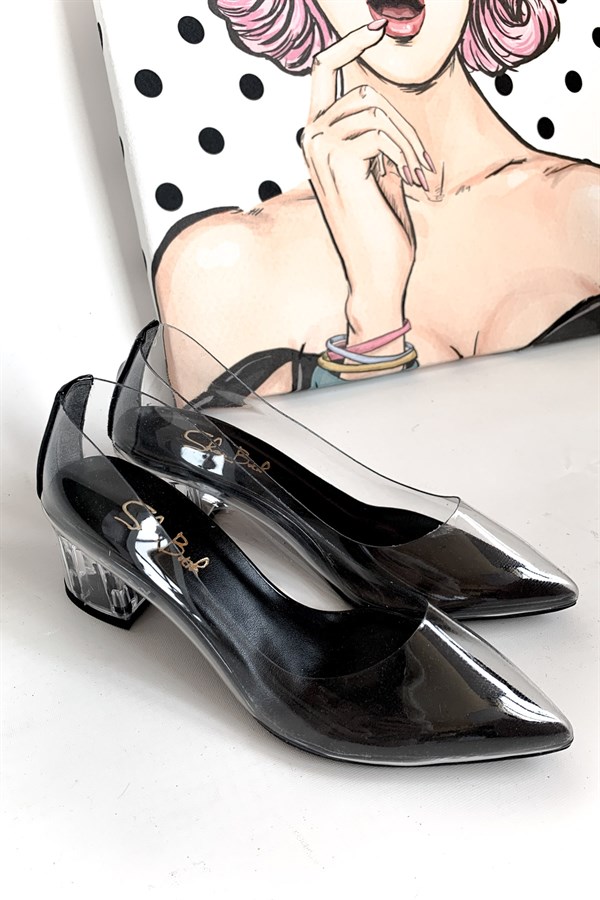 Cristal All Day Black Patent Leather Transparent Chunky Heeled Stilettos (5 cm)