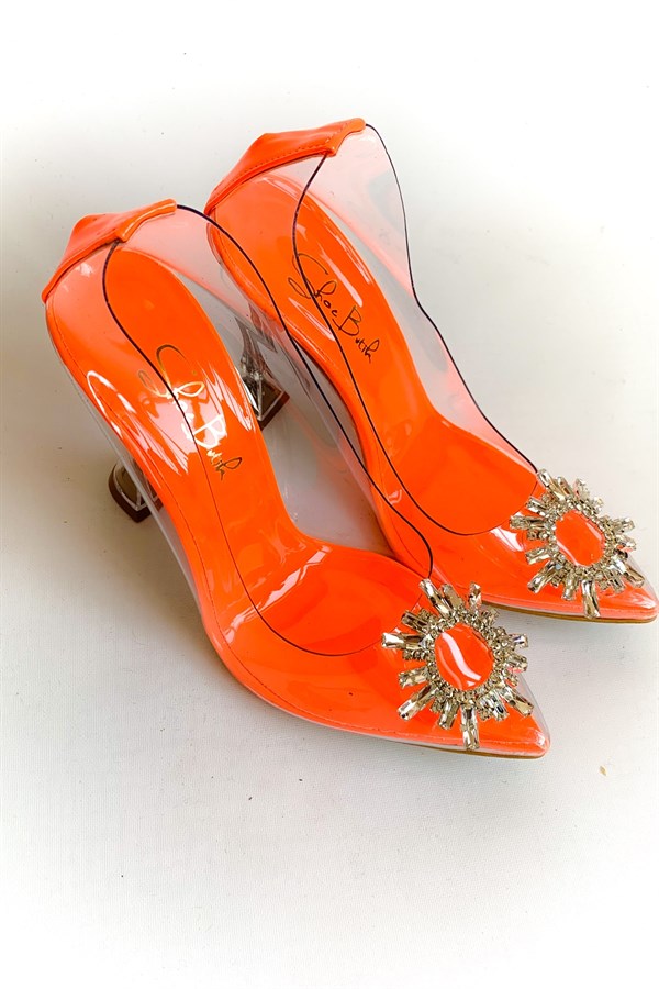Fuego Neon Orange Transparent Stilettos With Stony