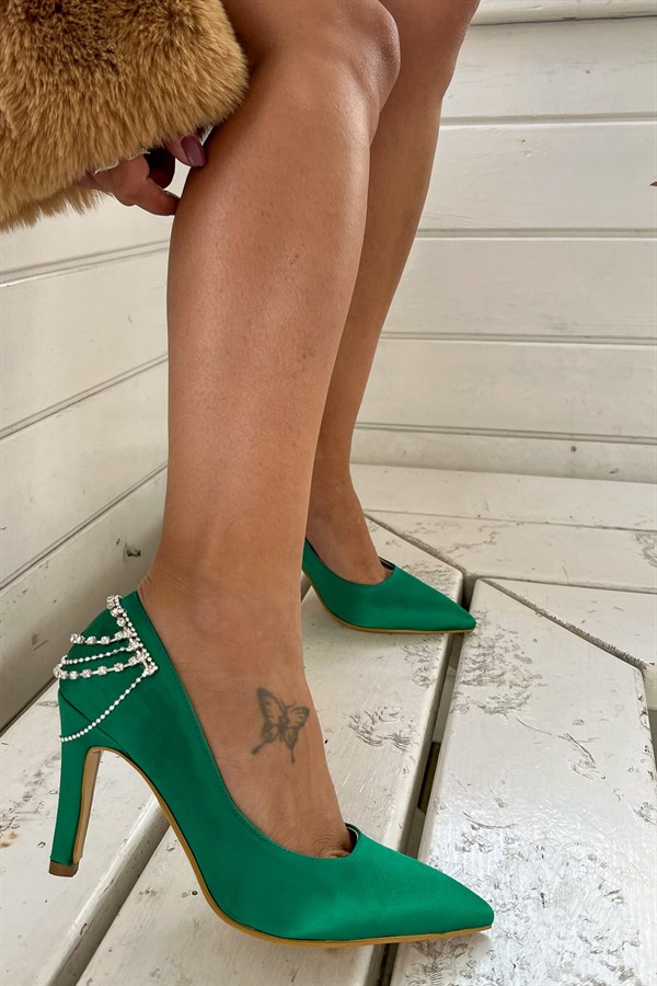 Henna Green Satin Stilettos With Stony