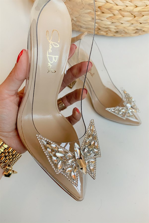 Mariposa Beige Patent Leather Transparent Stilettos With Butterfly Stony