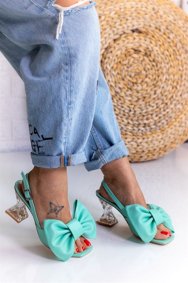 Queen Mint Yeşili Deri Şeffaf Topuk Sandalet