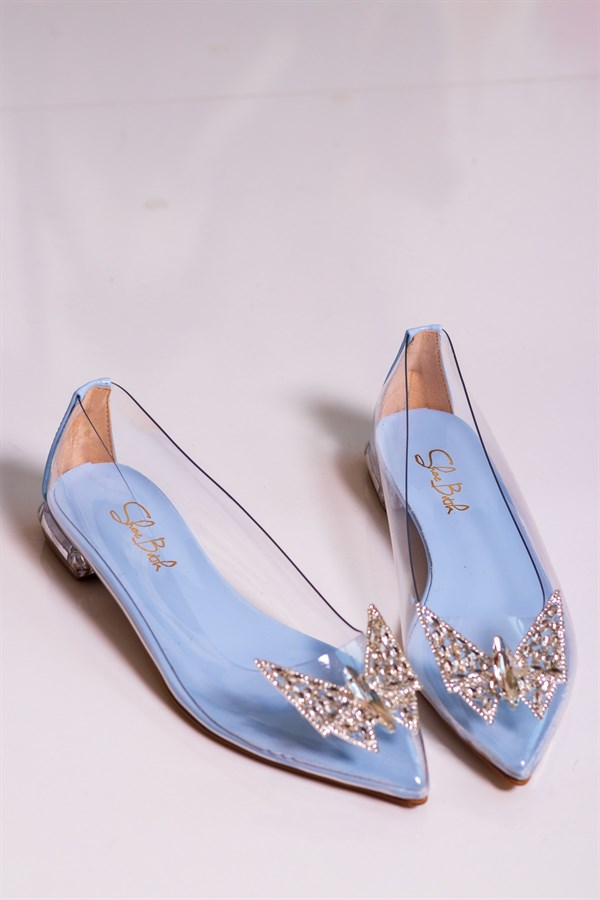 Sweet Baby Blue Patent Leather Transparent Flat Shoes With Butterfly Stony