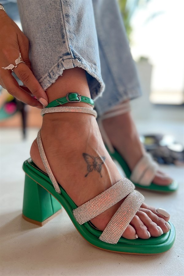Zenith Yeşil Deri Taşlı Sandalet
